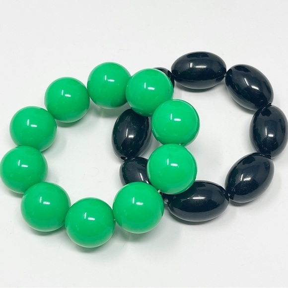 Set Of Two Vintage Chunky Stretchy Bracelets Green/Black Beads - Picture 4 of 5